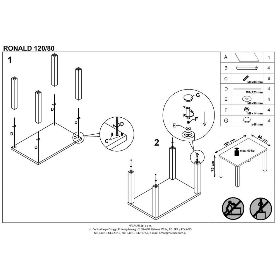 стол halmar ronald (120x80) (white) (v-ch-ronald-st-120)