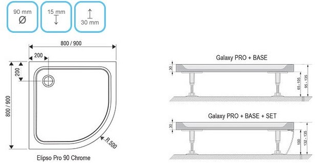 душевой поддон ravak galaxy elipso pro chrome 90x90 [xa247701010]